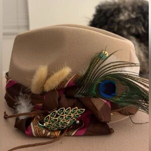 Neutral Beige Wool Felt Fedora with Peacock Feather Trim